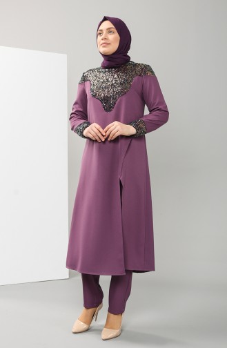 Plus Size Sequined Tunic Trousers Double Suit 1096-06 Lilac 1096-06