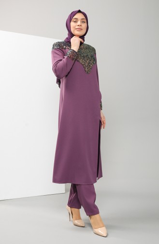Plus Size Sequined Tunic Trousers Double Suit 1096-06 Lilac 1096-06