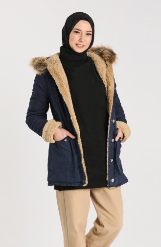 Fur Lined Coat 2603-02 Navy Blue 2603-02