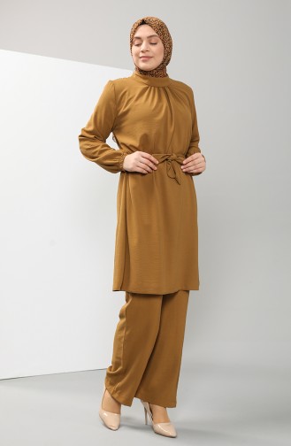 Plus Size Belted Tunic Trousers Double Suit 0005-02 Mustard 0005-02