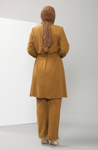 Plus Size Belted Tunic Trousers Double Suit 0005-02 Mustard 0005-02