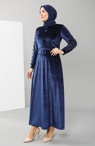 Guipure Belt Velvet Dress 0112-01 Saxe Blue 0112-01