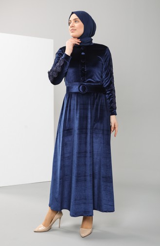 Guipure Belt Velvet Dress 0112-01 Saxe Blue 0112-01