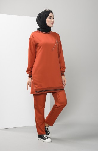 Fermuar Detaylı Tunik Pantolon İkili Takım 0312-01 Kiremit