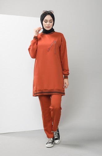 Fermuar Detaylı Tunik Pantolon İkili Takım 0312-01 Kiremit