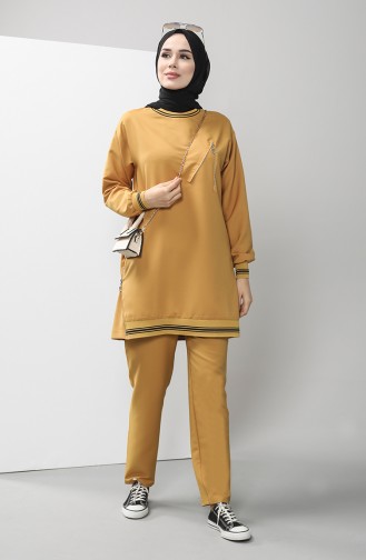 Zipper Detailed Tunic Trousers Double Suit 0312-04 Mustard 0312-04