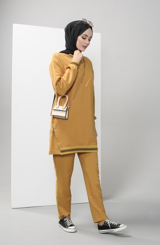 Zipper Detailed Tunic Trousers Double Suit 0312-04 Mustard 0312-04