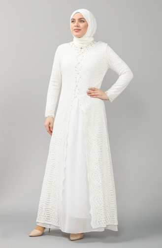 Ecru Hijab Evening Dress 5071-01
