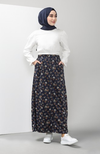Elastic waist Patterned Skirt 9026-01 Navy 9026-01