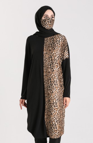 Leopar Garnili Maske Hediyeli Tunik 0104-01 Siyah Vizon