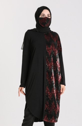 Payetli Maske Hediyeli Tunik 0109-02 Siyah Bordo