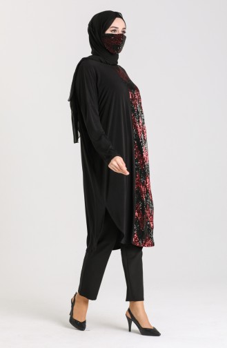 Payetli Maske Hediyeli Tunik 0109-02 Siyah Bordo