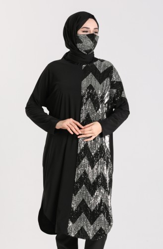 Payetli Maske Hediyeli Tunik 0109-04 Siyah Gümüş