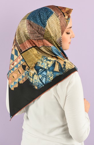 Desenli Twill Eşarp 8557-01 Petrol Mavisi Açık Taba