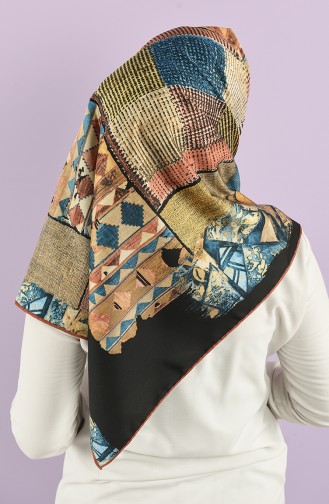 Desenli Twill Eşarp 8557-01 Petrol Mavisi Açık Taba