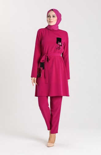 Sequined Tunic Trousers Double Suit 15003-05 Fuchsia 15003-05