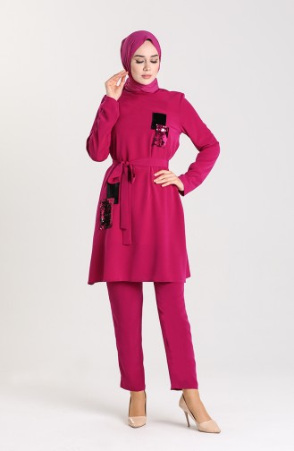 Sequined Tunic Trousers Double Suit 15003-05 Fuchsia 15003-05