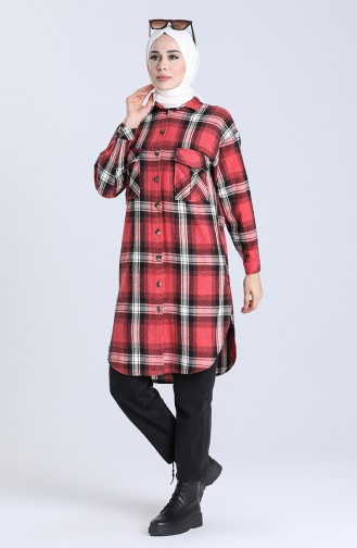 Plaid Pattern Long Tunic 5579-05 Dark Red 5579-05