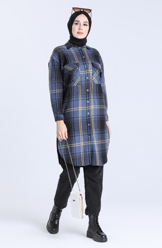 Plaid Pattern Long Tunic 5579-07 Navy Blue 5579-07