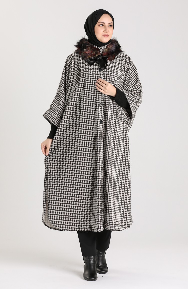 Kazayağı Desenli Kürklü Panço 9029C-01 Siyah
