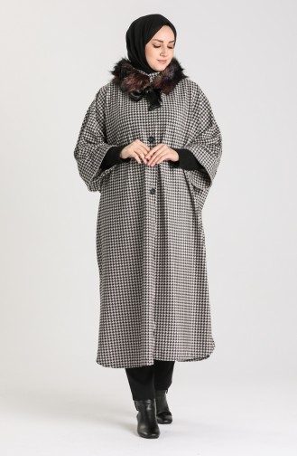 Kazayağı Desenli Kürklü Panço 9029C-01 Siyah