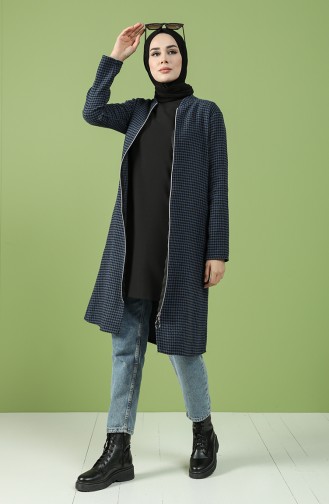 Houndstooth Patterned Zippered Coat 3185-01 Petrol 3185-01