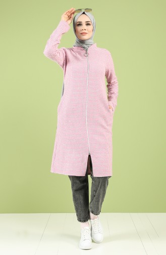 Houndstooth Patterned Zippered Coat 3185-04 Pink 3185-04