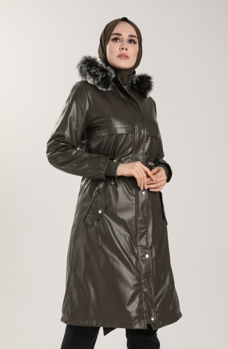 Leather Effect Lined Coat 9061-02 Khaki 9061-02