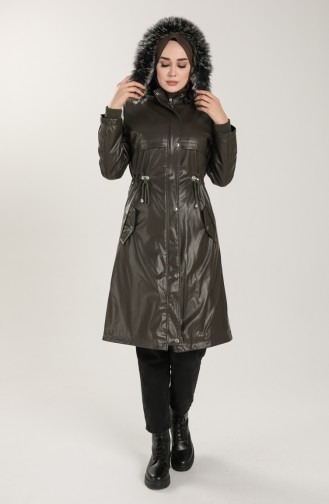 Leather Effect Lined Coat 9061-02 Khaki 9061-02