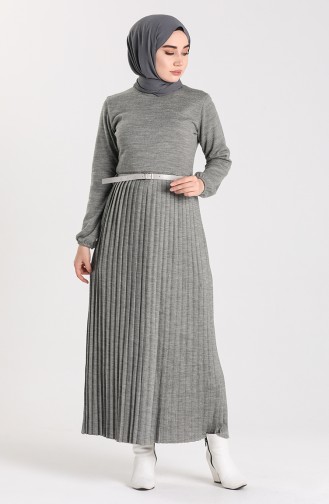 Belted Pleated Dress 0384-03 Gray 0384-03