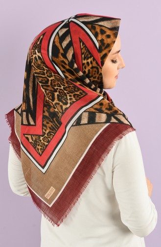 Desenli Flamlı Eşarp 7833-05 Bordo Mercan