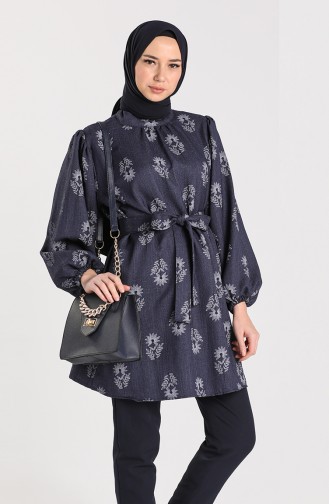 Patterned Belted Tunic 1156-03 Navy Blue 1156-03