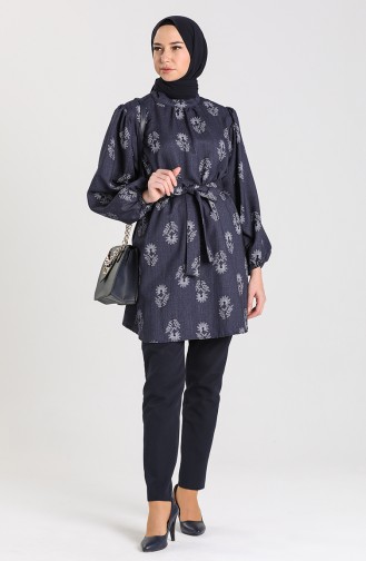 Patterned Belted Tunic 1156-03 Navy Blue 1156-03