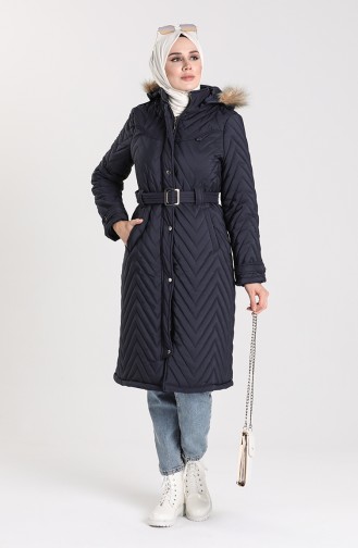 Quilted Coat with Belt 0141-02 Navy Blue 0141-02