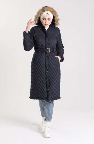 Quilted Coat with Belt 0141-02 Navy Blue 0141-02