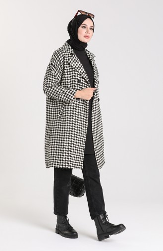 Houndstooth Patterned Buttoned Coat 1165-01 Black white 1165-01