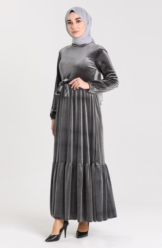 Yarasa Kol Kadife Elbise 5088-01 Antrasit