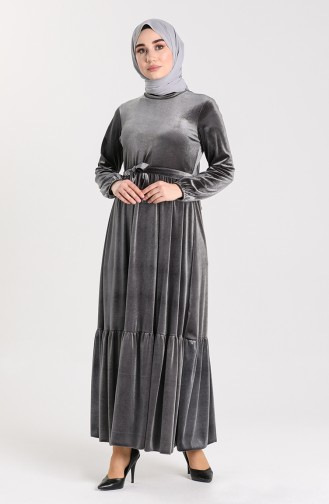 Yarasa Kol Kadife Elbise 5088-01 Antrasit