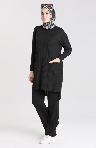 Asymmetrical Pocket Tunic Trousers Double Suit 7731-05 Black 7731-05