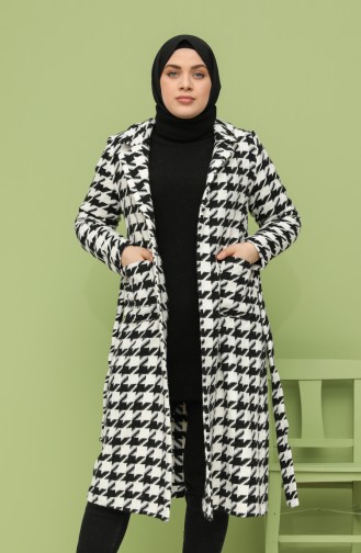 Plus Size Belted Stamp Coat 1069b-01 Black white 1069B-01