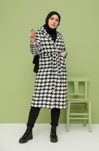 Plus Size Belted Stamp Coat 1069b-01 Black white 1069B-01