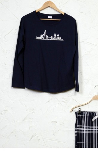 Uzun Kol Pamuklu Baskılı Pijama Takım 50560509 Indıgo