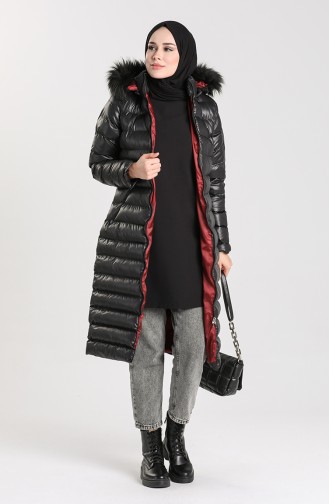 Fur Puffer Coat 4014-01 Black Burgundy 4014-01