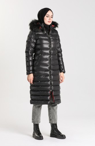 Fur Puffer Coat 4014-01 Black Burgundy 4014-01