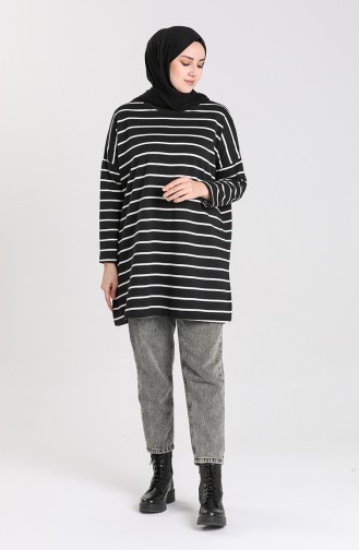 Çizgili Sweatshirt 8172-01 Siyah