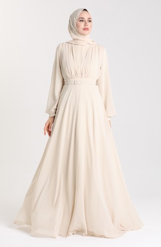 Kemerli Abiye Elbise 5422-04 Bej