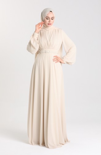 Kemerli Abiye Elbise 5422-04 Bej