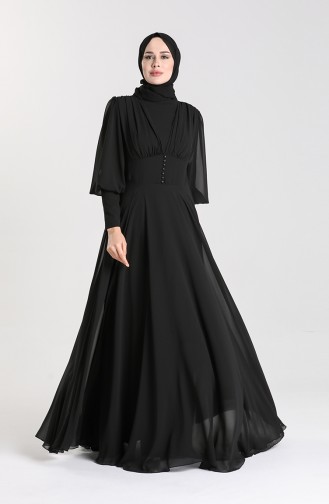 Düğme Detaylı Şifon Abiye Elbise 5381-01 Siyah