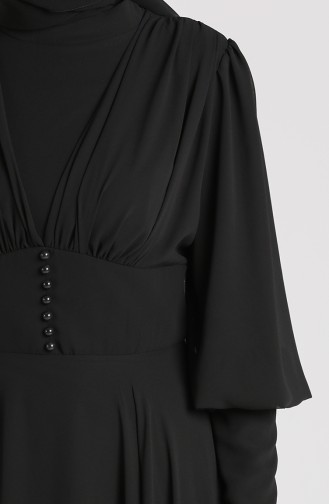 Düğme Detaylı Şifon Abiye Elbise 5381-01 Siyah