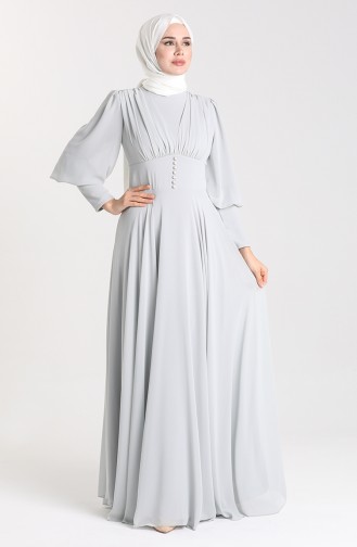 Button Detailed Chiffon Evening Dress 5381-02 Gray 5381-02